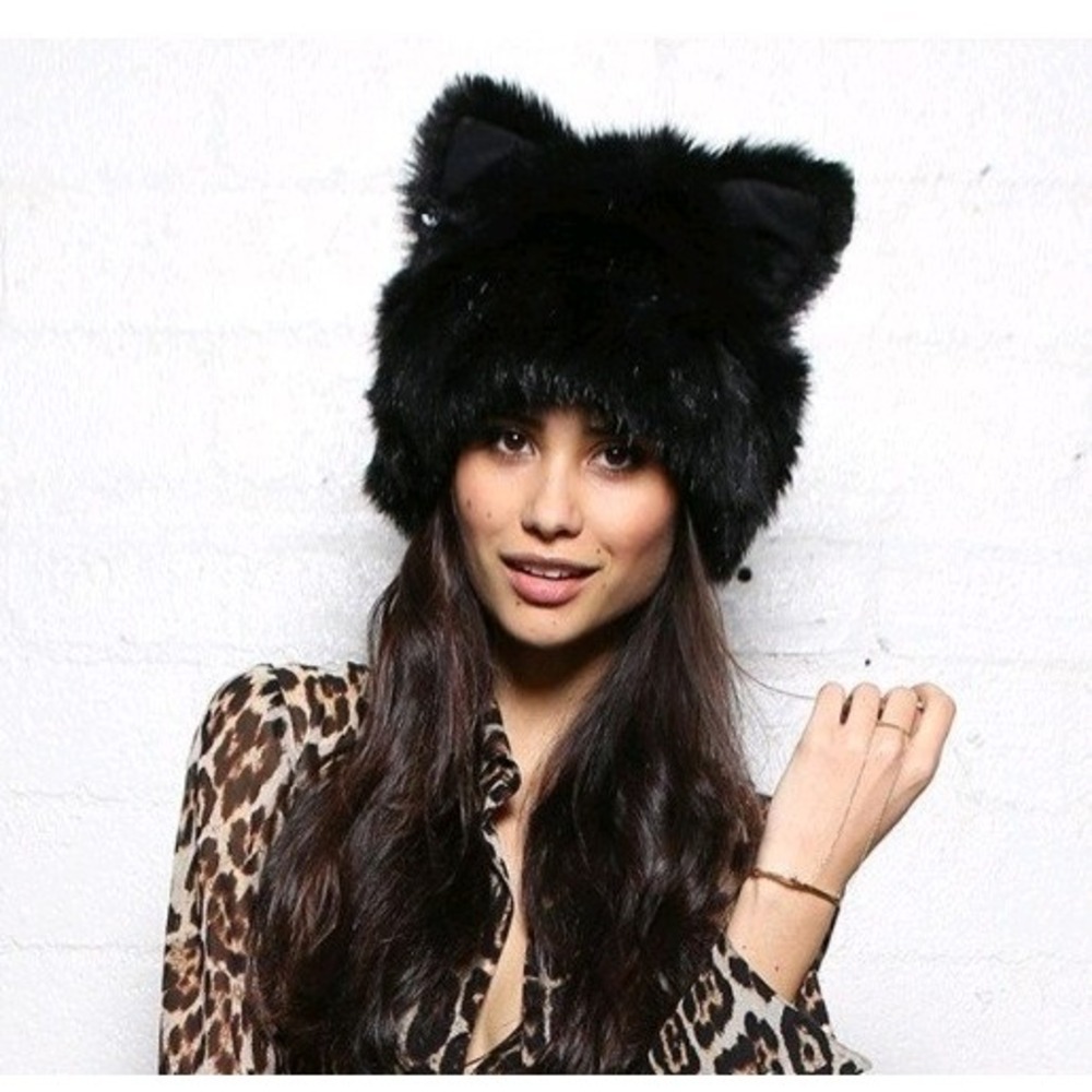 HTF RARE SpiritHoods Mother Meow Faux Fur Hood Blk Bucket Cat Ears Hat Furries